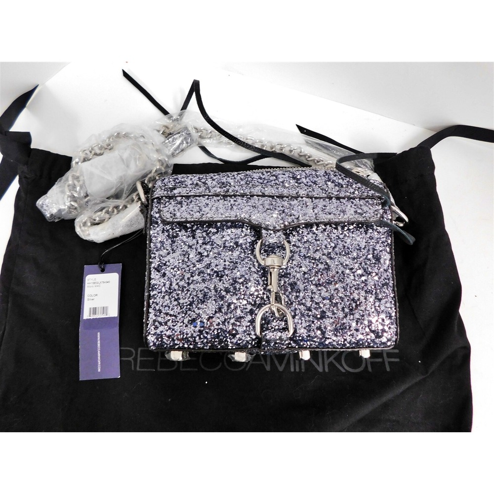 New‎ Rebecca Minkoff Micro Mac Silver Glitter Chain Crossbody Bag